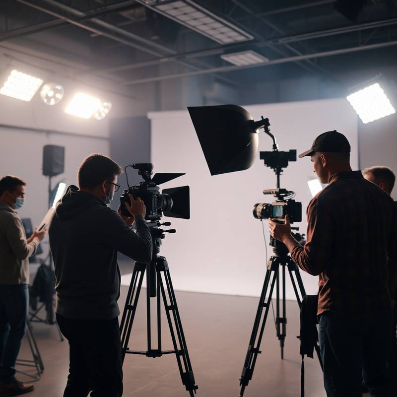 Equipo de filmación grabando un video en un estudio.
